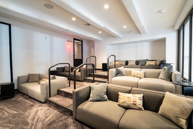 cinema featuring beamed ceiling, recessed lighting, and visible vents