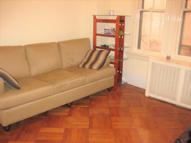 living room with radiator heating unit and parquet floors