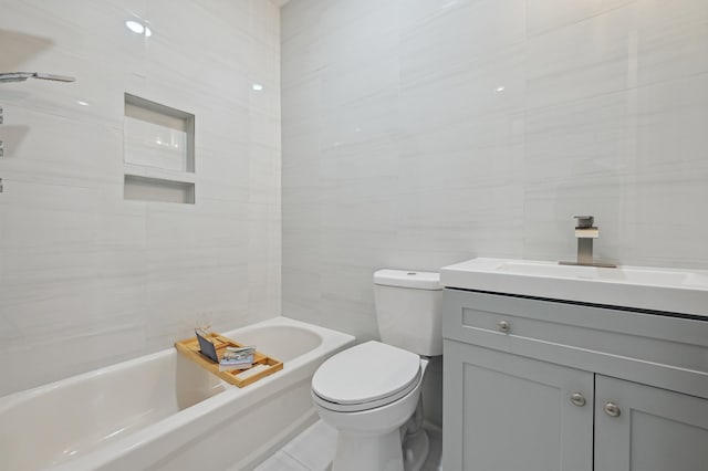98 Van Horne St, Jersey City, NJ 07304 - bathroom with a bath, vanity, tile walls, and toilet