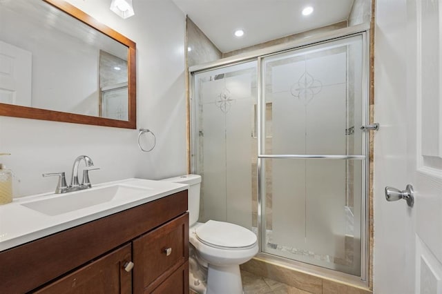 603 55th St Unit 210, West New York, NJ 07093 - bathroom featuring vanity, a stall shower, tile patterned floors, and recessed lighting