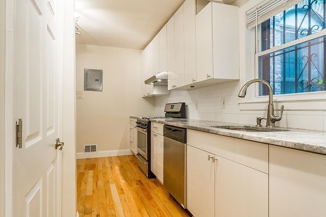 330 2nd St, Jersey City, NJ 07302 - kitchen featuring appliances with stainless steel finishes, a sink, under cabinet range hood, light wood-style floors, and white cabinetry