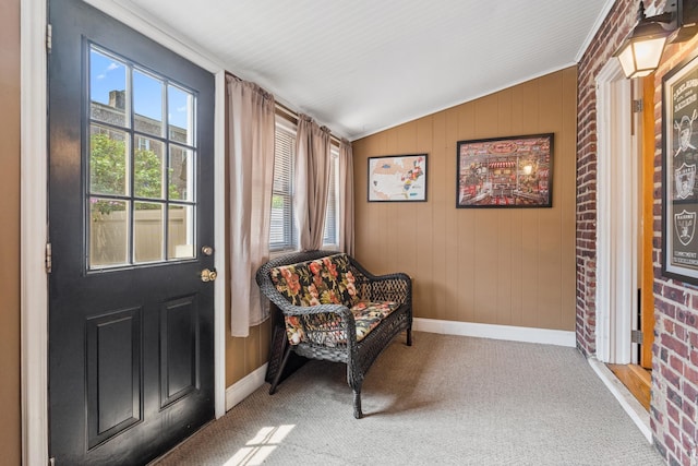 12 Egan Ct, Bayonne, NJ 07002 - sitting room featuring vaulted ceiling, carpet floors, and wood walls
