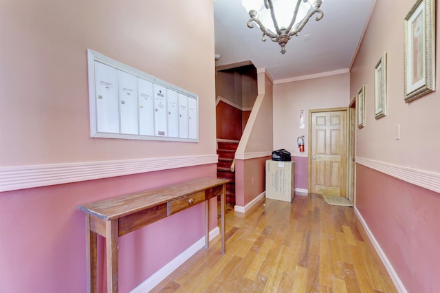 hall featuring crown molding, mail boxes, and light hardwood / wood-style floors