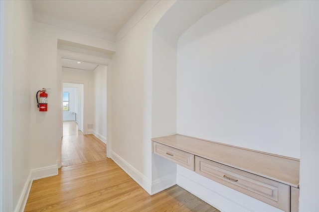 hall featuring light hardwood / wood-style floors and crown molding