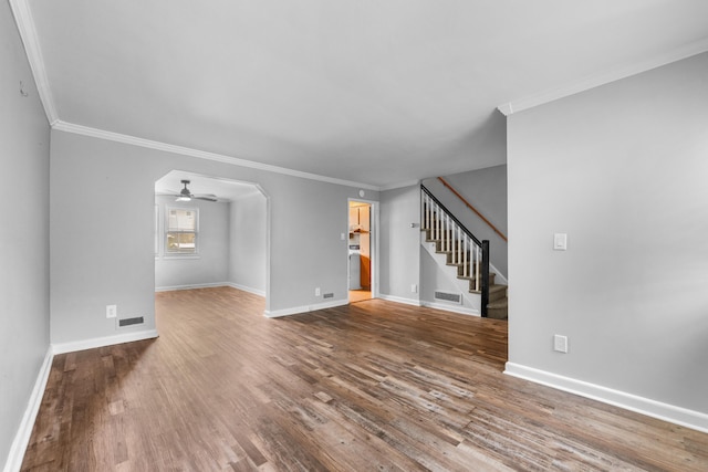 11 Veterans Ct, Bayonne, NJ 07002 - unfurnished living room featuring stairway, ornamental molding, wood finished floors, and a ceiling fan