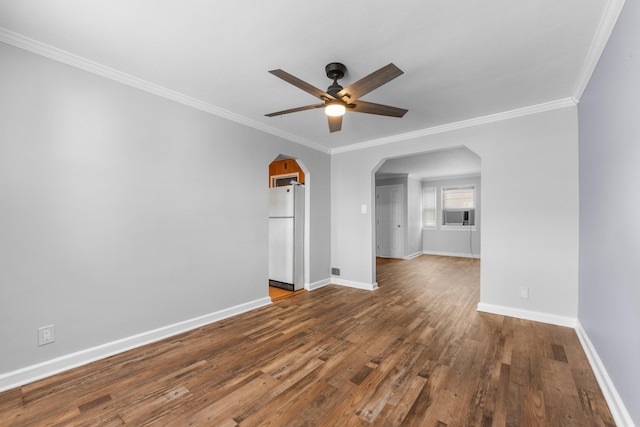 11 Veterans Ct, Bayonne, NJ 07002 - unfurnished room featuring a ceiling fan, arched walkways, wood finished floors, crown molding, and cooling unit