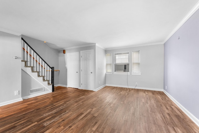 11 Veterans Ct, Bayonne, NJ 07002 - unfurnished living room with wood finished floors, stairs, crown molding, and cooling unit