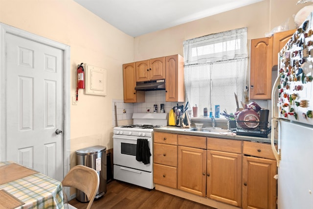 218 68th St, Guttenberg, NJ 07093 - kitchen featuring white appliances, under cabinet range hood, dark wood finished floors, and tasteful backsplash