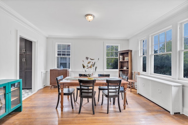 dining room featuring crown molding, light wood-style flooring, and radiator