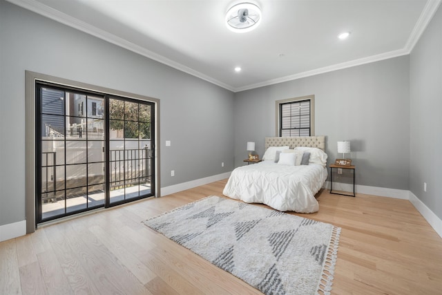 bedroom with access to exterior, recessed lighting, ornamental molding, light wood-type flooring, and baseboards