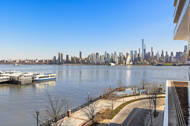 view of water feature featuring a city view and a dock