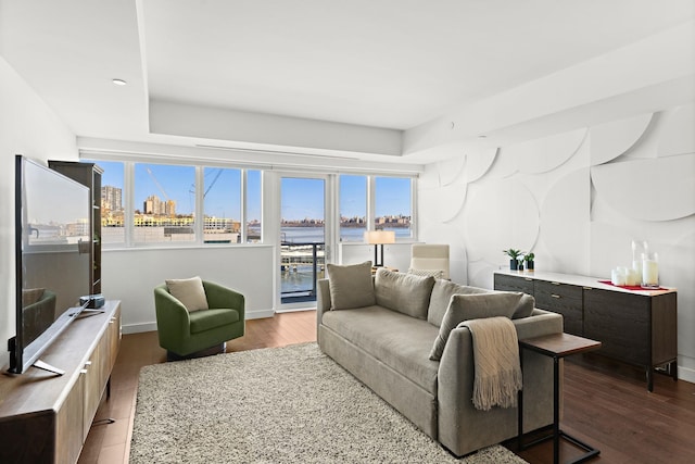 living area with wood finished floors, baseboards, and a wealth of natural light