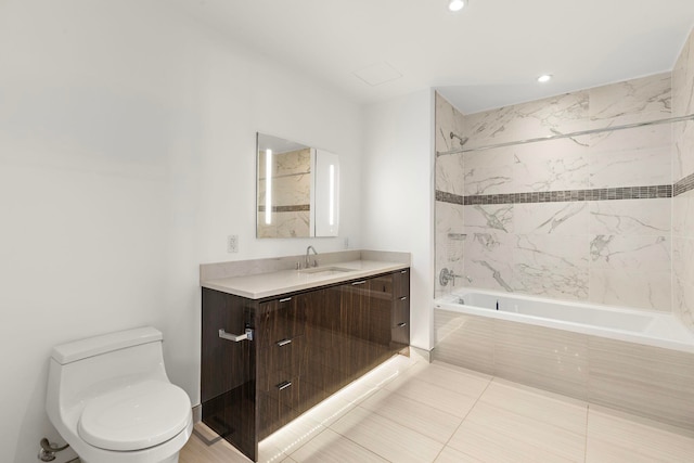 bathroom with tiled shower / bath combo, toilet, recessed lighting, and vanity