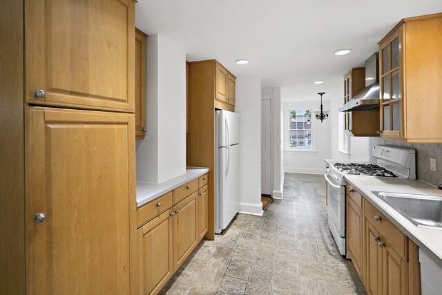 468 Van Buren St, Ridgewood, NJ 07450 - kitchen featuring white appliances, wall chimney range hood, baseboards, glass insert cabinets, and a sink