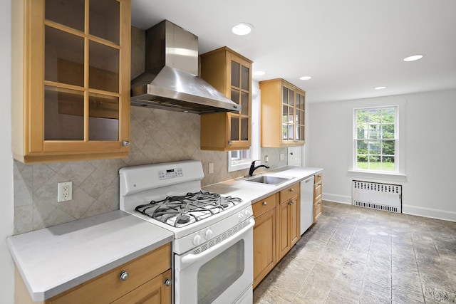 468 Van Buren St, Ridgewood, NJ 07450 - kitchen featuring white appliances, radiator heating unit, wall chimney exhaust hood, a sink, and baseboards