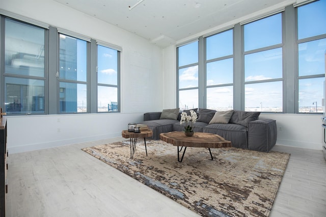 living room with a wealth of natural light and light hardwood / wood-style floors