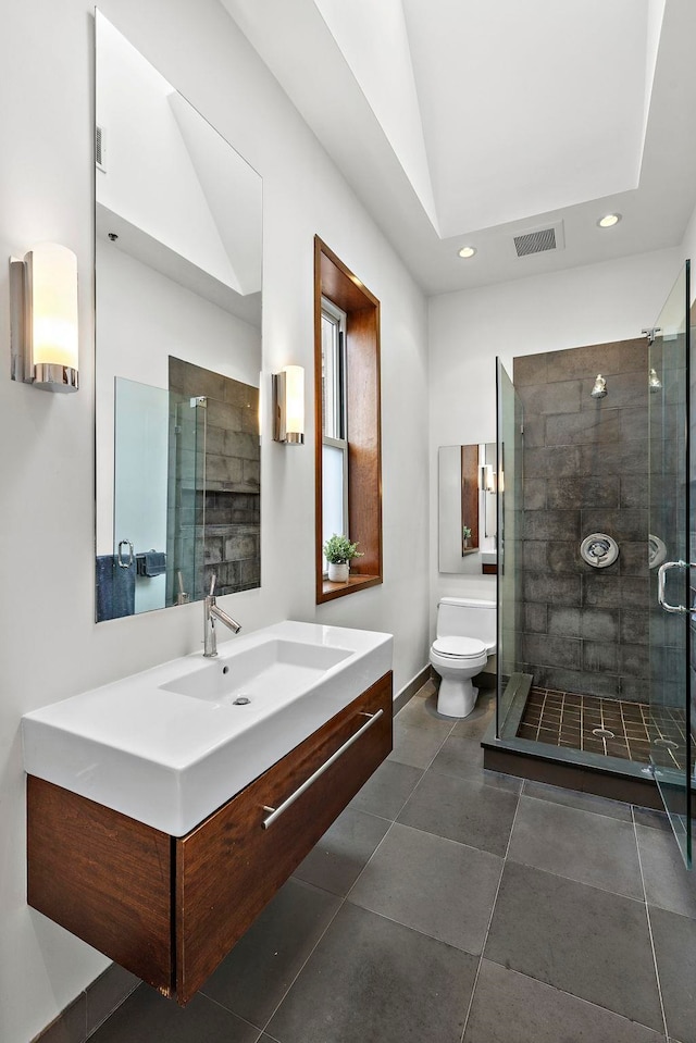 1110 Hudson St Unit 5B, Hoboken, NJ 07030 - full bath with toilet, a stall shower, recessed lighting, lofted ceiling, and vanity