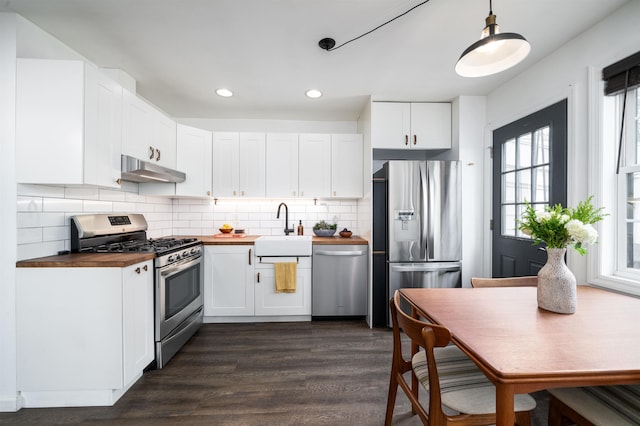 235 Sherman Ave, Jersey City, NJ 07307 - kitchen featuring stainless steel appliances, a sink, under cabinet range hood, dark wood-style flooring, and white cabinetry