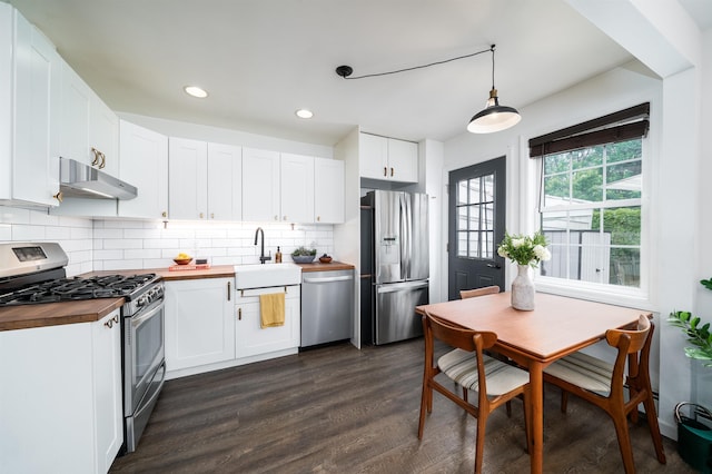 235 Sherman Ave, Jersey City, NJ 07307 - kitchen with appliances with stainless steel finishes, butcher block countertops, under cabinet range hood, a sink, and dark wood-style floors