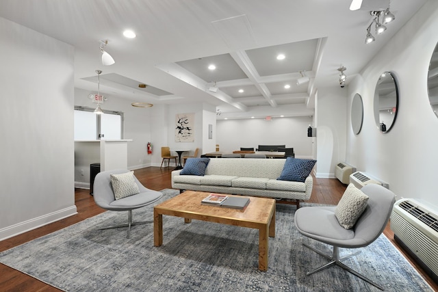 living room featuring beam ceiling, dark wood-type flooring, and coffered ceiling