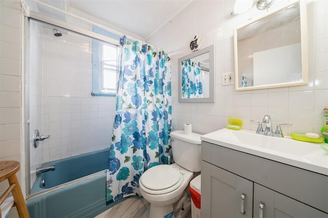 full bathroom featuring backsplash, shower / tub combo with curtain, vanity, toilet, and tile walls