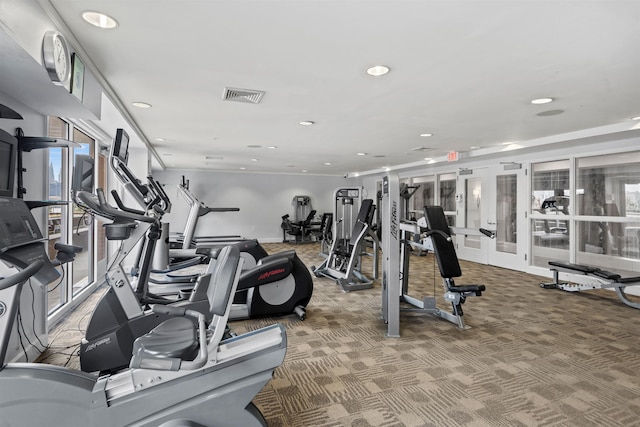 gym featuring recessed lighting, visible vents, carpet floors, and plenty of natural light