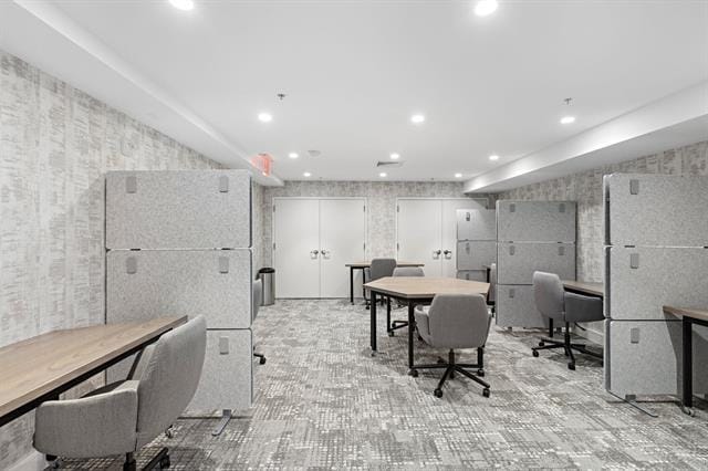 office featuring recessed lighting and wallpapered walls
