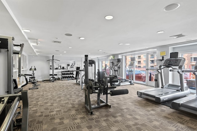 exercise room with visible vents, carpet flooring, and recessed lighting