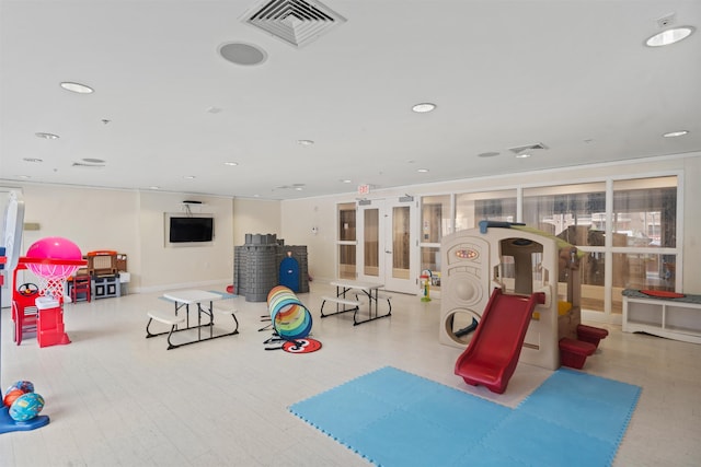 game room with visible vents, french doors, and recessed lighting