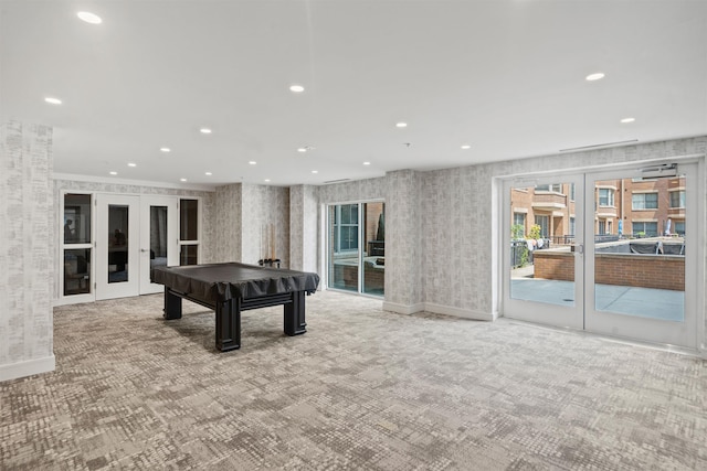 rec room with billiards, wallpapered walls, recessed lighting, carpet, and french doors
