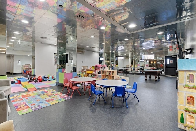 playroom featuring pool table, visible vents, and a drop ceiling