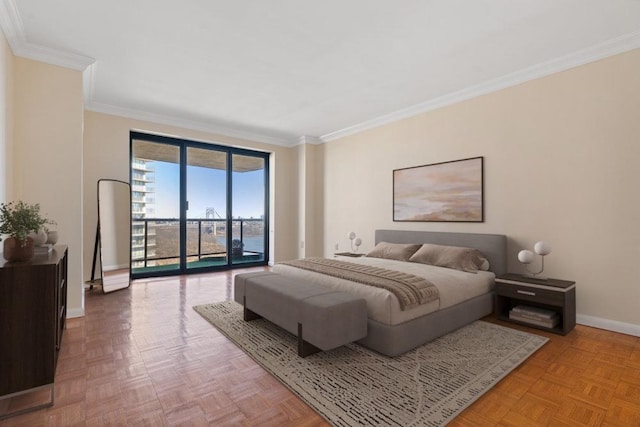 bedroom featuring crown molding, baseboards, and access to outside