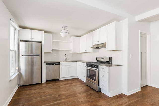 kitchen featuring appliances with stainless steel finishes, dark hardwood / wood-style flooring, sink, white cabinets, and plenty of natural light