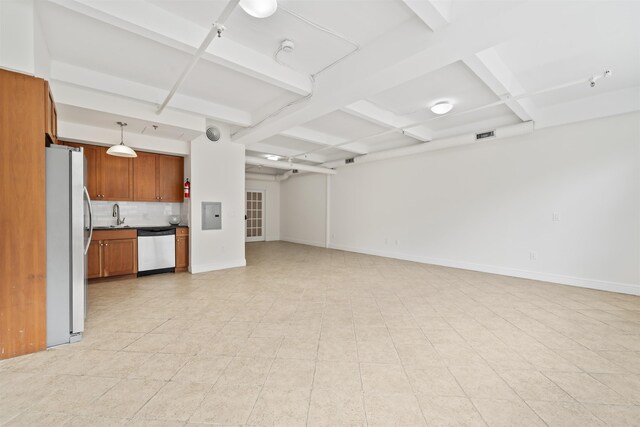300 Communipaw Ave Unit 11, Jersey City, NJ 07304 - unfurnished living room featuring electric panel, beam ceiling, and coffered ceiling
