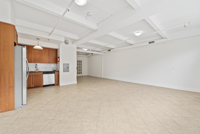 300 Communipaw Ave Unit 11, Jersey City, NJ 07304 - unfurnished living room featuring electric panel, baseboards, beam ceiling, and coffered ceiling