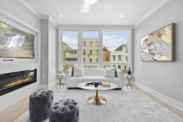 interior space with crown molding and light wood-type flooring