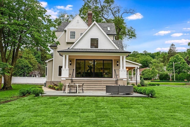 180 Union St, Montclair, NJ 07042 - rear view of house featuring a shingled roof, a patio area, and a chimney