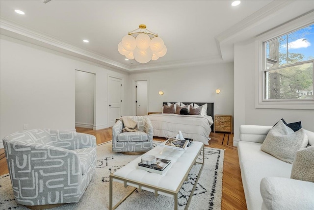 180 Union St, Montclair, NJ 07042 - bedroom featuring crown molding, recessed lighting, a raised ceiling, light wood-type flooring, and a chandelier
