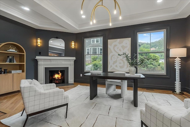 180 Union St, Montclair, NJ 07042 - office space featuring a raised ceiling, ornamental molding, a lit fireplace, and light wood-style flooring