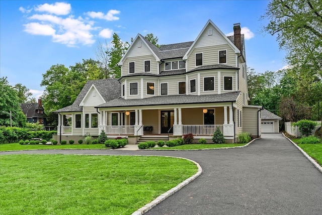180 Union St, Montclair, NJ 07042 - victorian home featuring covered porch, a chimney, a front lawn, a garage, and a shingled roof