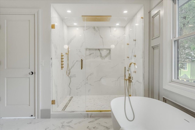 180 Union St, Montclair, NJ 07042 - full bath featuring marble finish floors, a freestanding bath, a marble finish shower, and recessed lighting