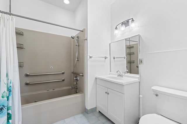 full bathroom with vanity, tile patterned flooring, shower / bath combo with shower curtain, and toilet