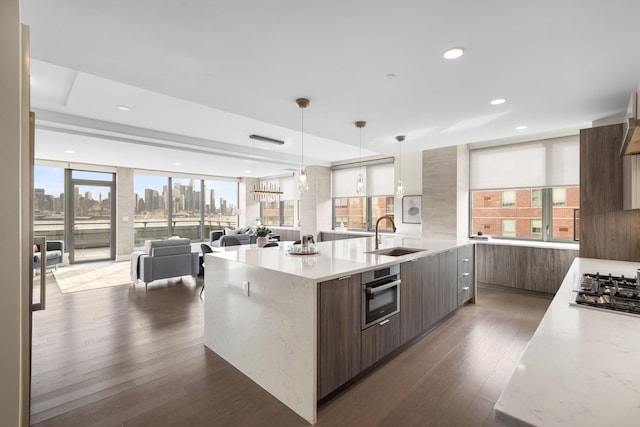 kitchen with decorative light fixtures, floor to ceiling windows, sink, appliances with stainless steel finishes, and dark hardwood / wood-style flooring