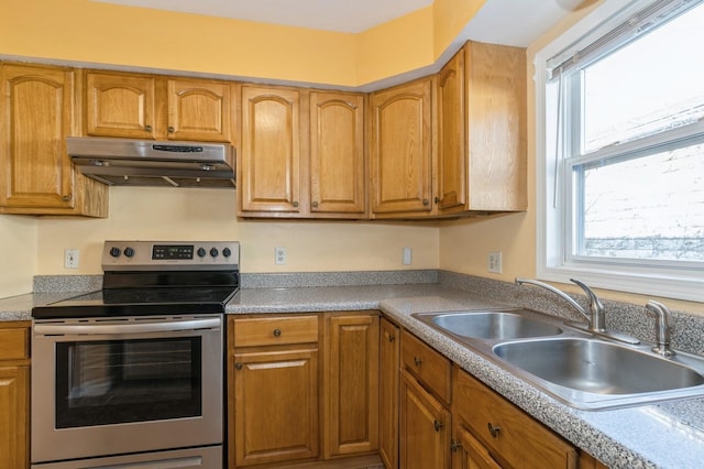 112 Astor Pl, Jersey City, NJ 07304 - kitchen featuring electric stove, under cabinet range hood, healthy amount of natural light, and a sink