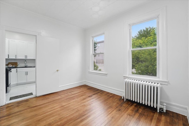 144 Nelson Ave, Jersey City, NJ 07307 - unfurnished living room with radiator, light wood-type flooring, a sink, and baseboards