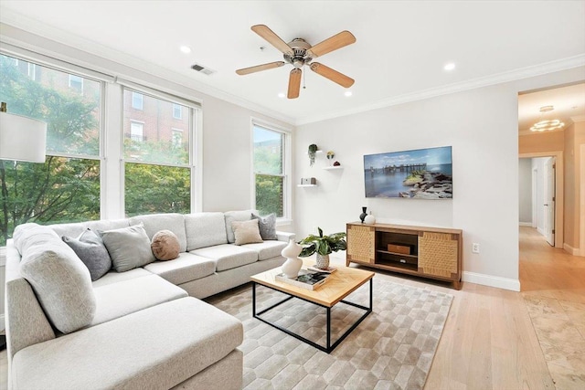 126 Dudley St Unit 315, Jersey City, NJ 07302 - living area featuring light wood-style floors, a ceiling fan, recessed lighting, and crown molding