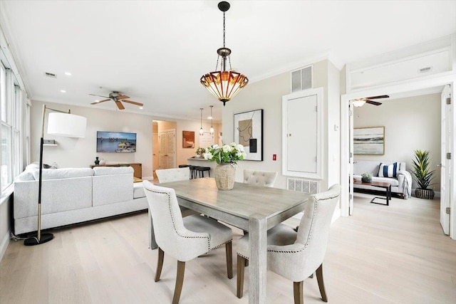 126 Dudley St Unit 315, Jersey City, NJ 07302 - dining area with ceiling fan, light wood-type flooring, recessed lighting, and ornamental molding
