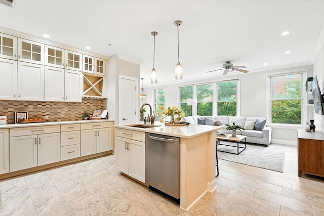 126 Dudley St Unit 315, Jersey City, NJ 07302 - kitchen with dishwasher, crown molding, open shelves, backsplash, and light countertops
