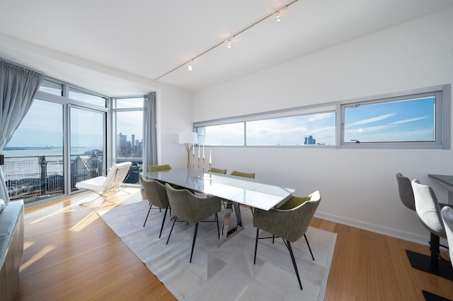 dining space with a water view, light hardwood / wood-style floors, and rail lighting