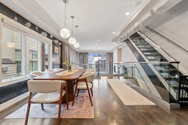 dining area featuring stairs, plenty of natural light, and recessed lighting